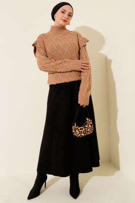 Dik Yaka Taşlı Triko Kazak Latte - Yılın Fırsatı