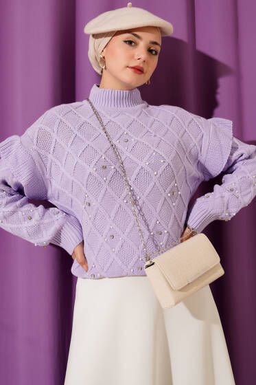 Dik Yaka Taşlı Triko Kazak Lila - Triko Kazak