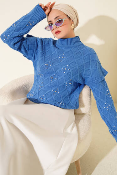 Dik Yaka Taşlı Triko Kazak Mavi - Triko Kazak