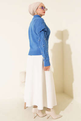 Dik Yaka Taşlı Triko Kazak Mavi - Yılın Fırsatı