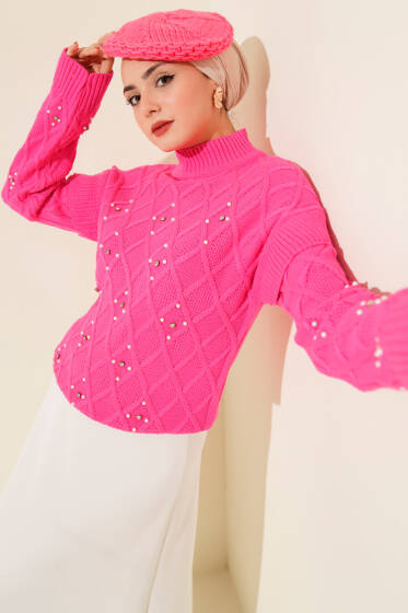 Dik Yaka Taşlı Triko Kazak Pembe - Yılın Fırsatı