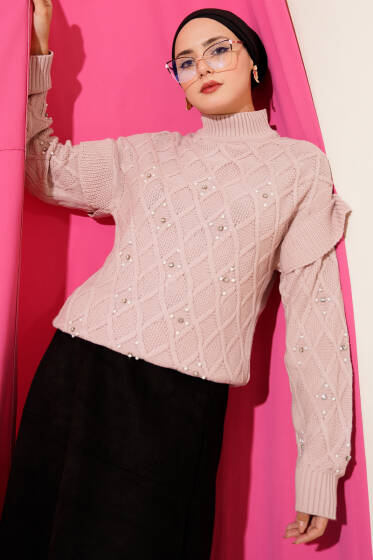 Dik Yaka Taşlı Triko Kazak Pudra - Triko Kazak