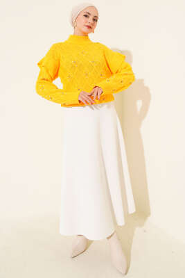 Dik Yaka Taşlı Triko Kazak Sarı - Triko Kazak