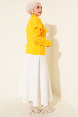 Dik Yaka Taşlı Triko Kazak Sarı - Triko Kazak
