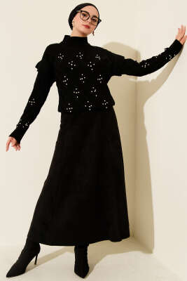 Dik Yaka Taşlı Triko Kazak Siyah - Yılın Fırsatı