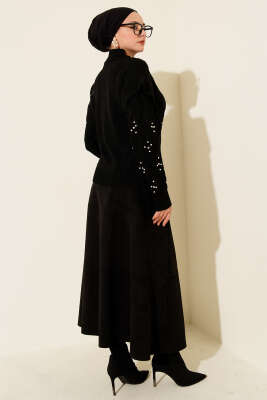 Dik Yaka Taşlı Triko Kazak Siyah - Yılın Fırsatı