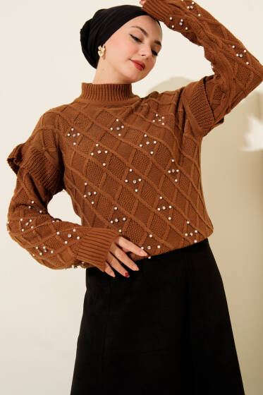 Dik Yaka Taşlı Triko Kazak Taba - Triko Kazak