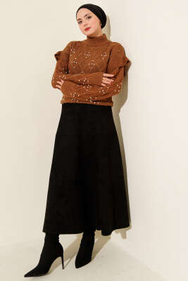 Dik Yaka Taşlı Triko Kazak Taba - Triko Kazak