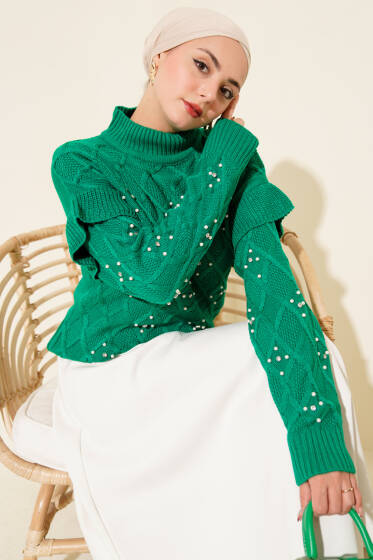 Dik Yaka Taşlı Triko Kazak Yeşil - Triko Kazak