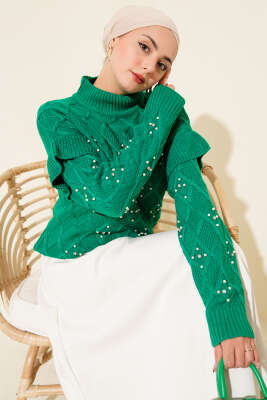 Dik Yaka Taşlı Triko Kazak Yeşil 