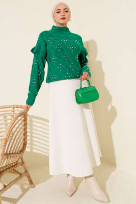 Dik Yaka Taşlı Triko Kazak Yeşil - Yılın Fırsatı