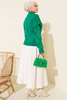 Dik Yaka Taşlı Triko Kazak Yeşil - Yılın Fırsatı