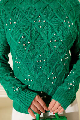 Dik Yaka Taşlı Triko Kazak Yeşil - Yılın Fırsatı