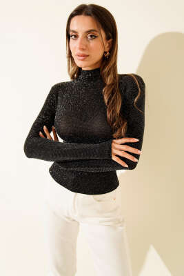 Dik Yaka Uzun Kol Bluz Simli Bluz Siyah - CALİENTE