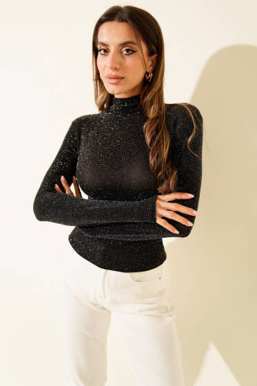 Dik Yaka Uzun Kol Bluz Simli Bluz Siyah - Kadın Giyim Modelleri