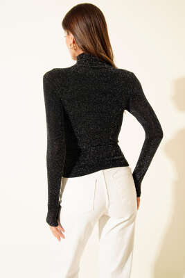 Dik Yaka Uzun Kol Bluz Simli Bluz Siyah - Kadın Giyim Modelleri