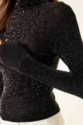 Dik Yaka Uzun Kol Bluz Simli Bluz Siyah - Kadın Giyim Modelleri