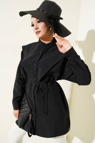 Dik Yaka V Parçalı Gömlek Siyah - Gömlek