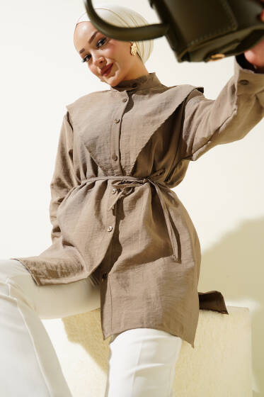 Dik Yaka V Parçalı Gömlek Vizon - Gömlek