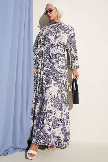 Dik Yaka Viskon Desenli Elbise Lacivert - Elbise