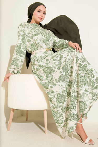 Dik Yaka Viskon Desenli Elbise Yeşil - Elbise