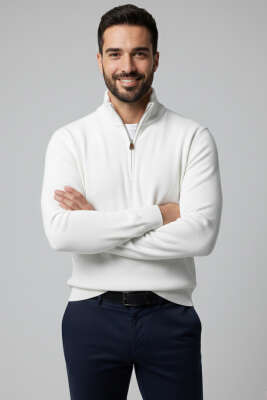 Dik Yaka Yarım Fermuar Erkek Sweatshirt Beyaz - WİPEOUT