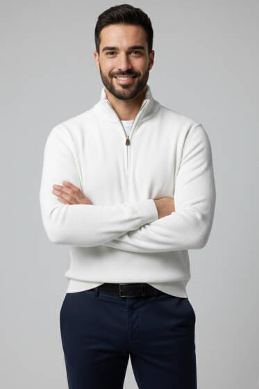 Dik Yaka Yarım Fermuar Erkek Sweatshirt Beyaz - Erkek Sweatshirt