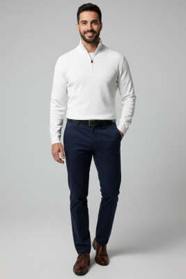 Dik Yaka Yarım Fermuar Erkek Sweatshirt Beyaz - Erkek Sweatshirt