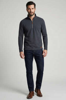 Dik Yaka Yarım Fermuar Erkek Sweatshirt Füme - Erkek Sweatshirt