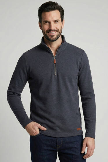 Dik Yaka Yarım Fermuar Erkek Sweatshirt Füme - Erkek Sweatshirt