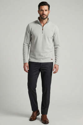 Dik Yaka Yarım Fermuar Erkek Sweatshirt Gri - Erkek Sweatshirt