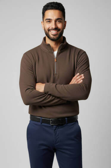 Dik Yaka Yarım Fermuar Erkek Sweatshirt Kahve - Erkek Sweatshirt