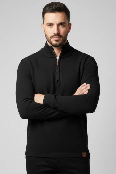 Dik Yaka Yarım Fermuar Erkek Sweatshirt Siyah - Erkek Sweatshirt