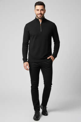 Dik Yaka Yarım Fermuar Erkek Sweatshirt Siyah - Erkek Sweatshirt