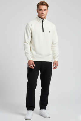 Dik Yaka Yarım Fermuar Sweatshirt Ekru - Erkek Sweatshirt