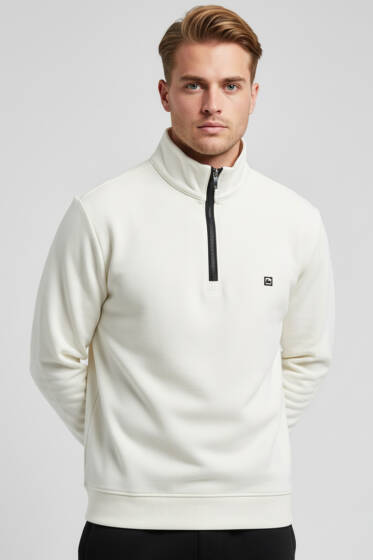 Dik Yaka Yarım Fermuar Sweatshirt Ekru - Erkek Sweatshirt