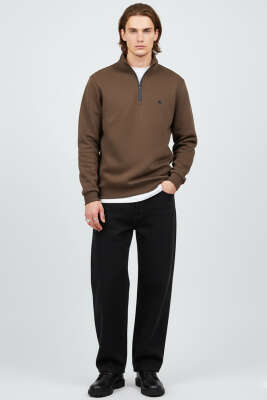 Dik Yaka Yarım Fermuar Sweatshirt Kahve - Erkek Sweatshirt
