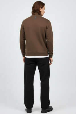 Dik Yaka Yarım Fermuar Sweatshirt Kahve - Erkek Sweatshirt