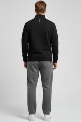 Dik Yaka Yarım Fermuar Sweatshirt Siyah - Erkek Sweatshirt