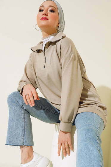 Dik Yaka Yarım Fermuarlı Tunik Bej - Tunik