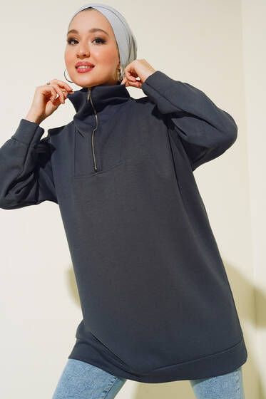 Dik Yaka Yarım Fermuarlı Tunik Füme - Tunik