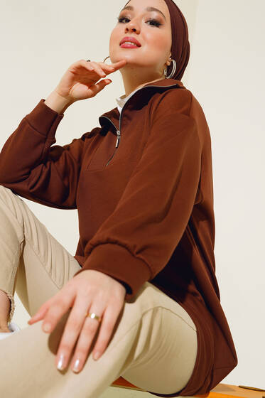 Dik Yaka Yarım Fermuarlı Tunik Kahve - Tunik