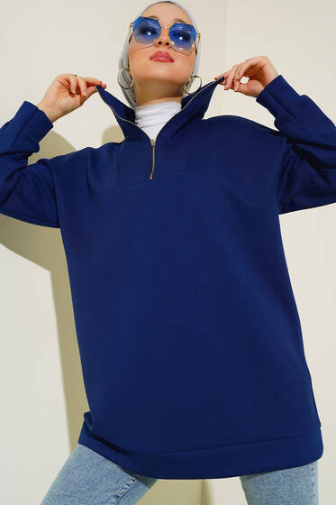 Dik Yaka Yarım Fermuarlı Tunik Lacivert - Tunik