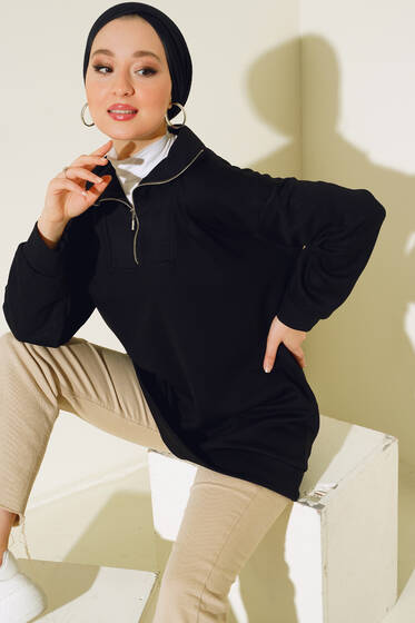 Dik Yaka Yarım Fermuarlı Tunik Siyah - Tunik