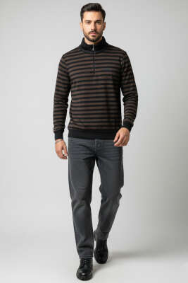 Dik Yaka Yatay Çizgili Erkek Sweatshirt Kahve - Erkek Sweatshirt