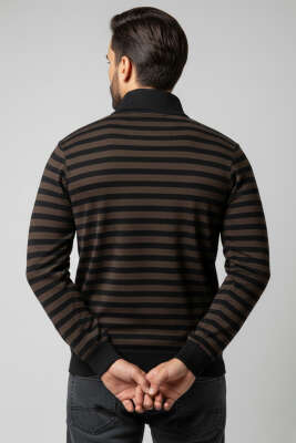 Dik Yaka Yatay Çizgili Erkek Sweatshirt Kahve - Erkek Sweatshirt