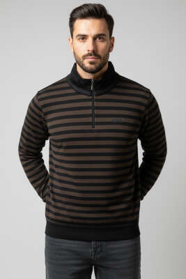 Dik Yaka Yatay Çizgili Erkek Sweatshirt Kahve - WİPEOUT