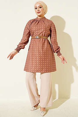 Dik Yaka Yonca Desenli Tunik Gül Kurusu - Fendel