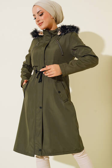 Dik Yakalı İçi Kürklü Mont Haki - Mont