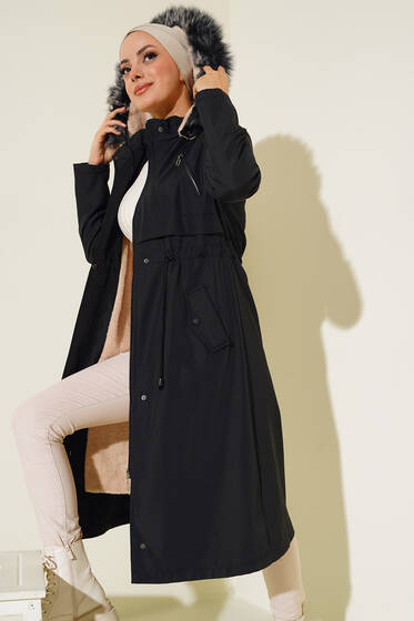 Dik Yakalı İçi Kürklü Mont Siyah - Mont